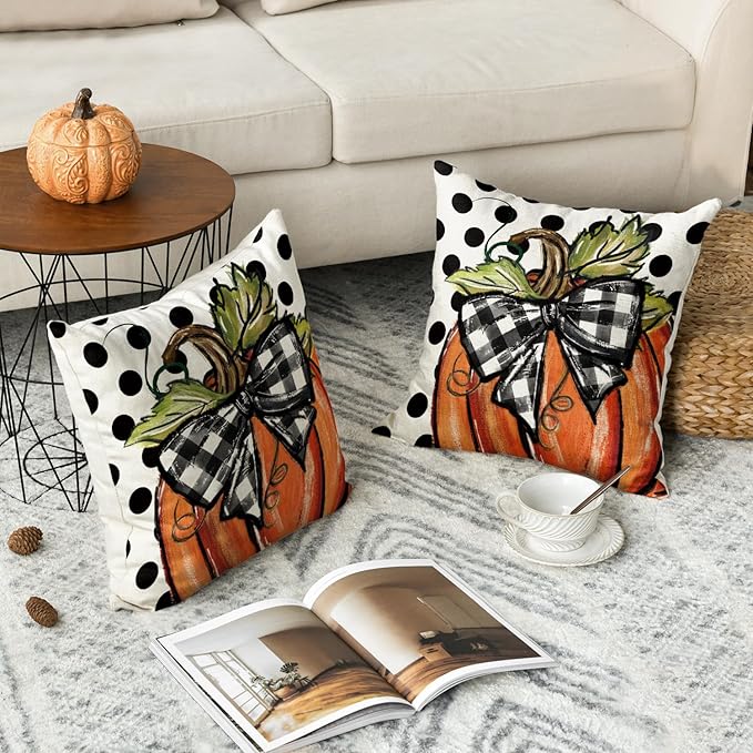 AVOIN colorlife Fall Polka Dot Pumpkin Throw Pillow Covers 18x18 Inch, Seasonal Autumn Thanksgiving Harvest Decoration for Home Sofa Couch Set of 2