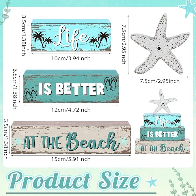 Geelin 4 Pcs Summer Table Decorations Ocean Life Better Wooden Block Signs Beach Theme Starfish Palm Slipper Tabletop Centerpieces Farmhouse Tiered Tray Decor for Home Table Kitchen Shelf