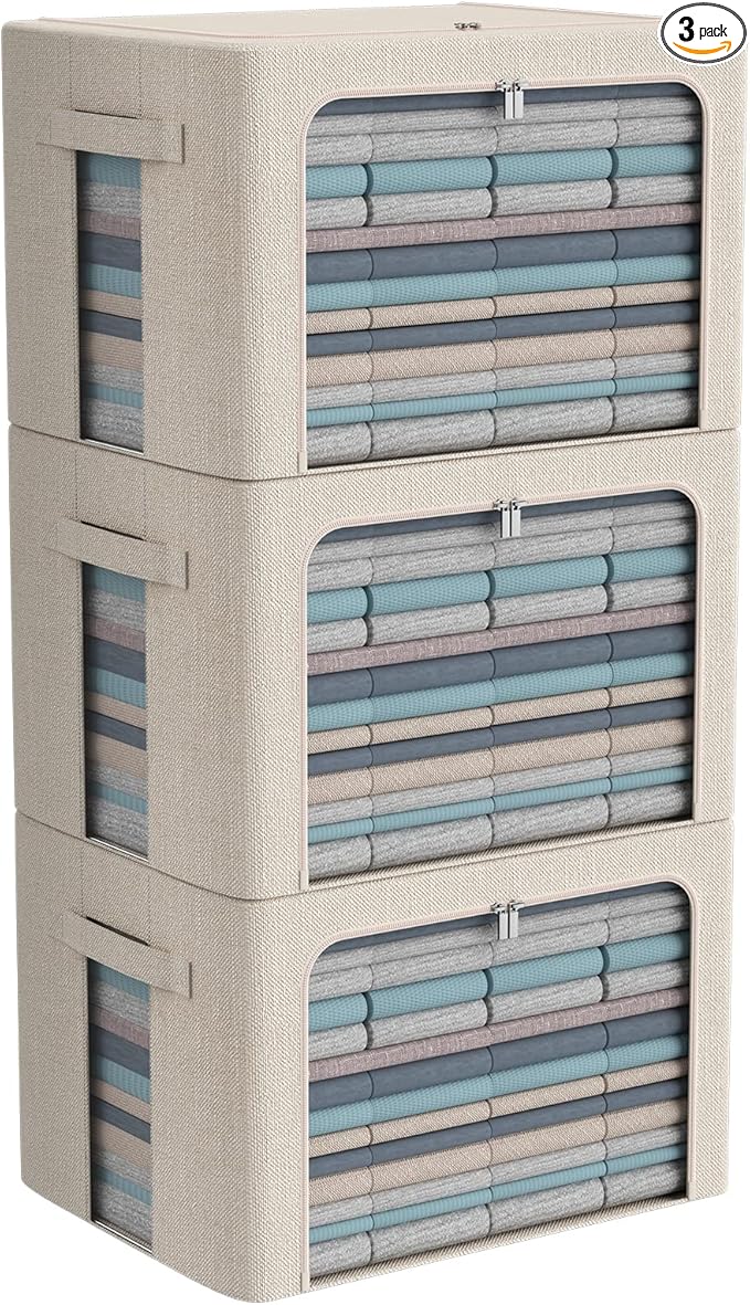 3Pack Foldable Storage Bins - Frame Storage Box Linen Fabric Stackable Clothes Container Organizer with Clear Window & Carry Handles Large Capacity (Large-66L, Beige)