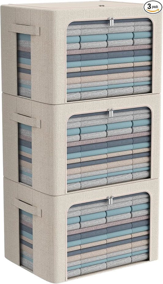 3Pack Foldable Storage Bins - Frame Storage Box Linen Fabric Stackable Clothes Container Organizer with Clear Window & Carry Handles Large Capacity (Large-66L, Beige)