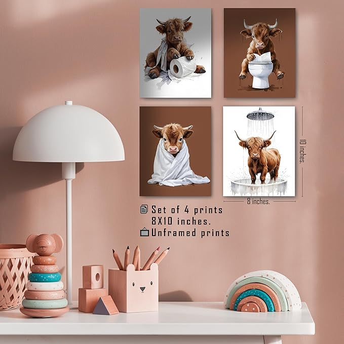 FITIE Funny Cow Bathroom Wall Art Posters Set of 4, Cow Bathroom Decor, Humorous Cute Bathing Fluffy Heifer Toilet Canvas Prints Artwork Wall Decor for Bath Room Washroom, 8x10 Unframed