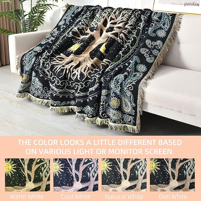 Boho Throw Blanket Reversible Cotton Bohemian Tapestry Hippie Room Decor Outdoor Blanket Double Sided (Boho Tree 50"x60")