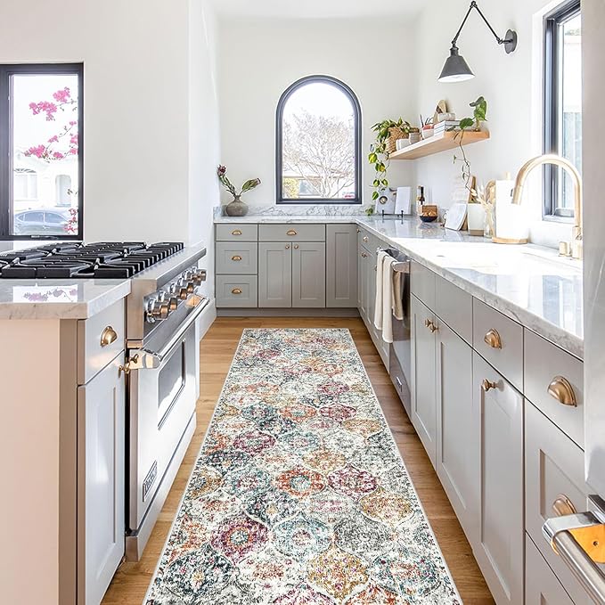 Lahome Moroccan Hallway Rug, 2'5''x8' Kitchen Runner Rugs Non Skid Washable Runners for Hallways, Ultra-Thin Oriental Carpet for Entryway Laundry Room Bedroom Bathroom, Aqua/Multi