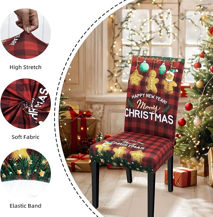Christmas Chair Covers for Dining Chairs, Dining Room Chair Covers Set of 6, Stretch Parsons Chair Slipcovers, Removable Washable Dining Chair Cover for Home Hotel Banquet Holiday Decoration