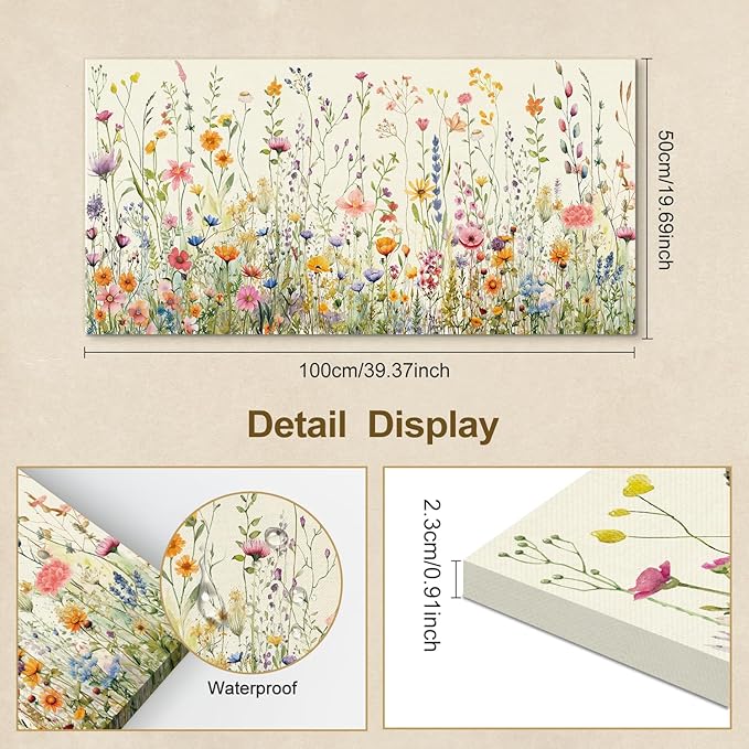 HPINUB Colorful Flower Framed Canvas Wall Art Set, Watercolor Daisy Floral Wall Decor, Wildflower Green Leaf Wall Painting, Multicolour Botanical Art Print for Living Room, Bedroom, Office - 20"x40"