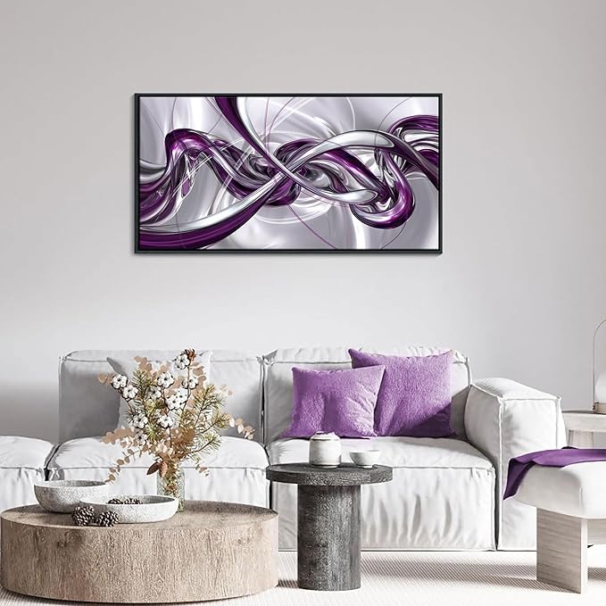 Pogusmavi Purple Wall Art - 3D Framed Canvas Abstract Art for Living Room, Modern Silver Wall Decor, Office Artwork, Bedroom Pictures, Contemporary Prints, Paintings for Wall Decorations 20×40IN