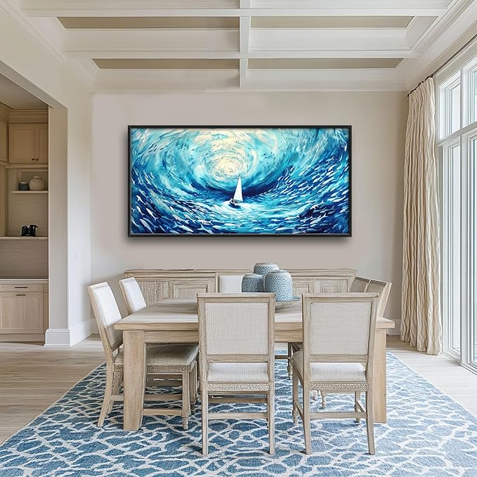 Sailboat Large Framed Wall Art Blue Sea Ocean Pictures Abstract Marine Nautical Fish Oversized Wall Decor Canvas Print Painting Aesthetic Modern Artwork for Living Room Bedroom Office Bathroom Home Decor 60L"x30W"