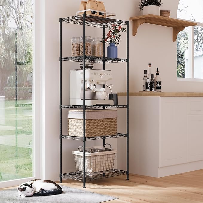 IZEUK 5-Tier Black Metal Storage Shelves, Adjustable Wire Shelving Unit for Kitchen, Bathroom, Pantry, Office, Garage, Organizer Wire Rack, 1250 lbs, 13.7" D x 23.6" W x 53.4" H