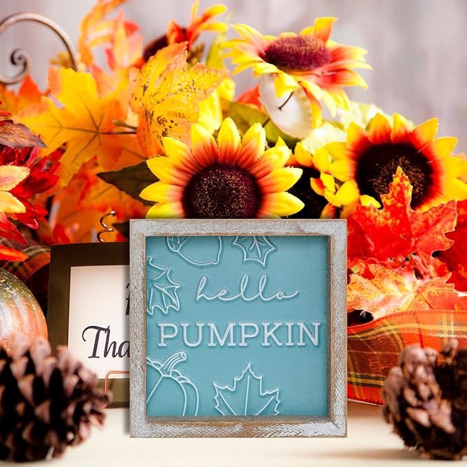Embossed Hello Pumpkin Sign, Rustic Fall Decorations for Home, Thanksgiving Centerpieces for Table Cubicle Desk Mantel Fireplace, Autumn Tiered Tray Decor