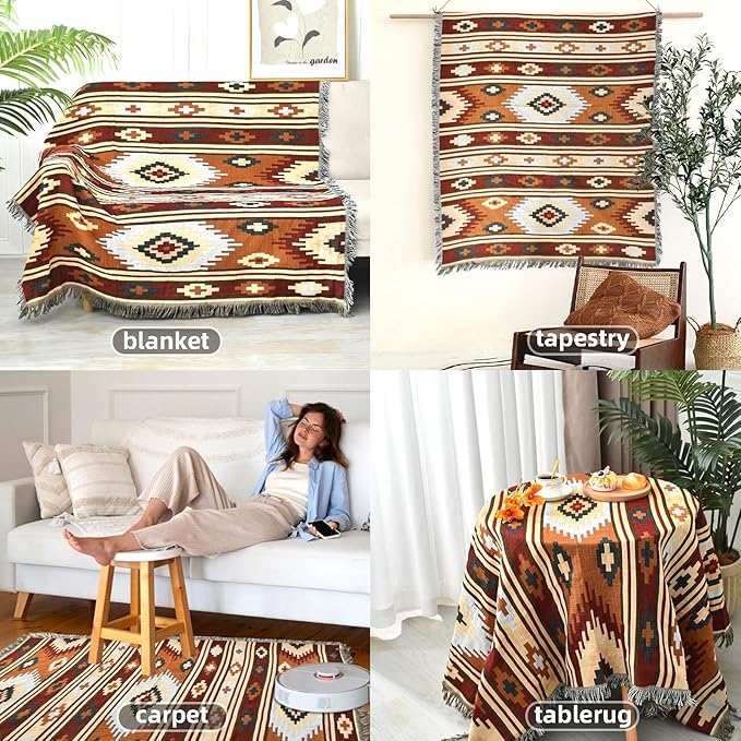 Boho Throw Blanket Reversible Cotton Bohemian Tapestry Hippie Room Decor Outdoor Blanket Double Sided (Boho Pattern, 50"x60")