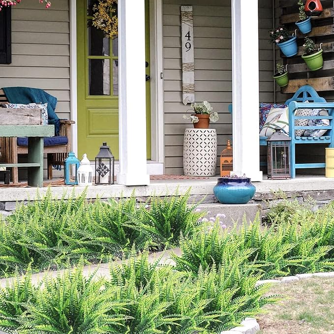 4pcs Outdoor Artificial Plants Fake Boston Fern Plant Artificial Ferns for Outdoor UV Resistant Plastic Plants (4, Green)