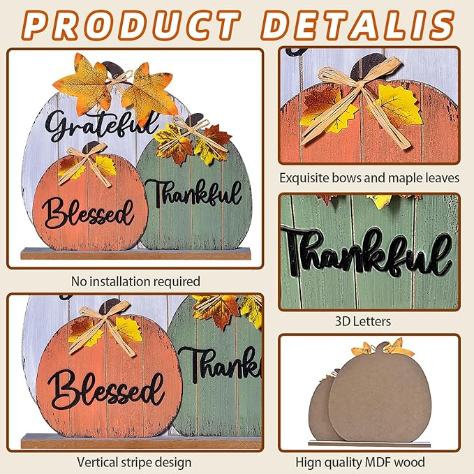 Fall Decoration Signs, Grateful Blessed Thankful Fall Decor for Fireplace and Tabletop Centerpiece Cozy Wooden Rustic Pumpkin Design for Halloween, Thanksgiving, and Autumn Holiday Indoor (3pcs)