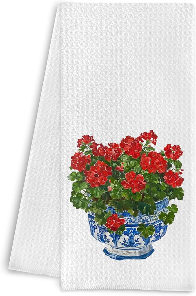 Chinoiserie Blue and White Geranium Porcelain Towels - Kitchen Dish & Bath Hand Towels (16x24 Inches, 8)