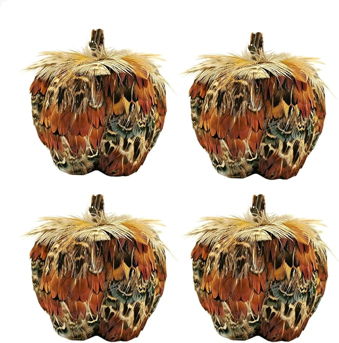 Nature Vibe 4.3 Inches Colorful Feathered Pumpkin Decor Set of 4 for Thanksgiving Decorations, Natural Feather Pumpkins as Fall Home Decor,Centerpieces for Tables or Autumn Harvest Gifts
