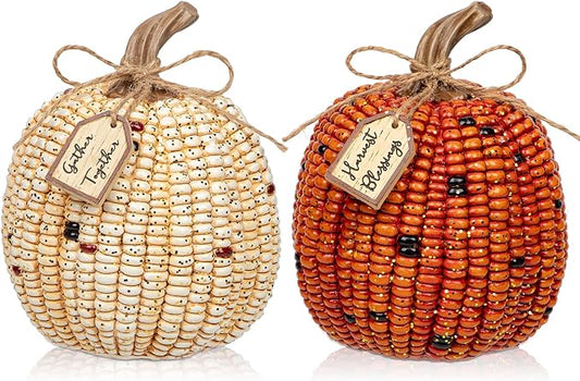 Briful Pumpkins Fall Decoration, 2PCS Decorative Corn Cob Pumpkins Resin Fake Pumpkins Autumn Home Rustic Decor for Thanksgiving Harvest Halloween Table Centerpiece Shelf Indoor Outdoor Porch Decor