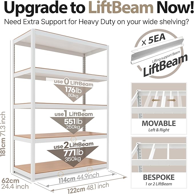 HOMEDANT House Lift-Beam White Boltless Heavy Duty Garage Storage Shelving Adjustable 5-Tier Metal Shelves Laminated Shelf Industrial Utility Rack Pantry 48.1" W x 24.4" D x 71.3" H 10Pack