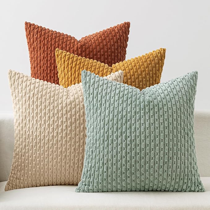 MIULEE Fall Throw Pillow Covers Soft Couch Decorative Set of 4 Boho Striped Cushion Covers Corduroy Pillowcases Farmhouse Accent Home Decor for Couch Bed Sofa Living Room 18x18 Inch Teal-Rust