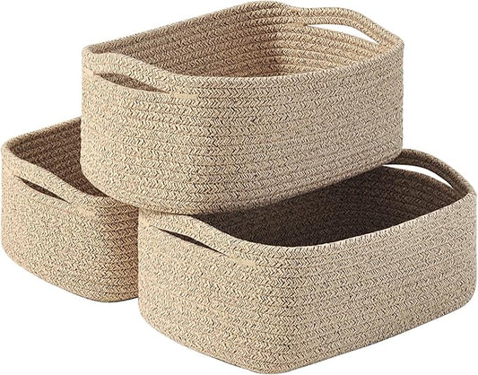 Small Baskets for Organizing, Woven Storage Baskets for Shelves, Small Rope Basket for Storage, Decorative Little Baskets for Gifts Empty, 13"×8.5"×5.1" (3 Packs) Brown