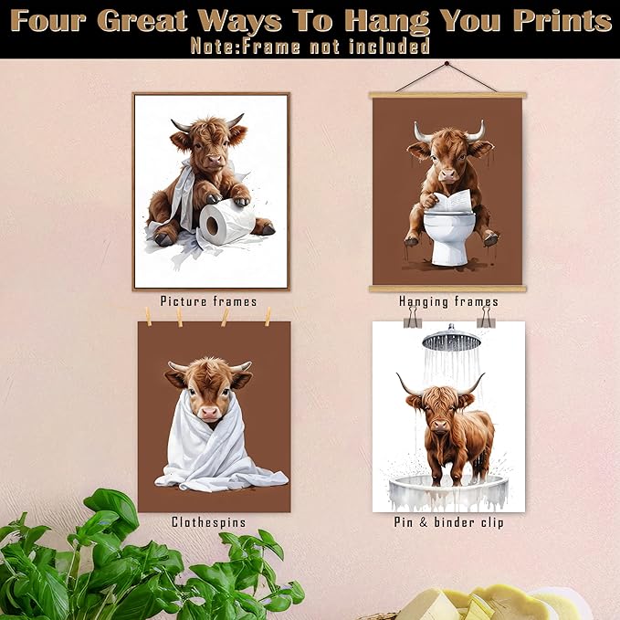 FITIE Funny Cow Bathroom Wall Art Posters Set of 4, Cow Bathroom Decor, Humorous Cute Bathing Fluffy Heifer Toilet Canvas Prints Artwork Wall Decor for Bath Room Washroom, 8x10 Unframed