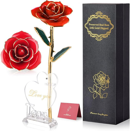 24K Gold Dipped Real Rose, Valentines Day Romantic Gift for Her, Eternal Preserved Red Forever Rose with Love Heart Stand, Anniversary Birthday Mothers Day Best Gift for Women Mom Wife Girlfriend
