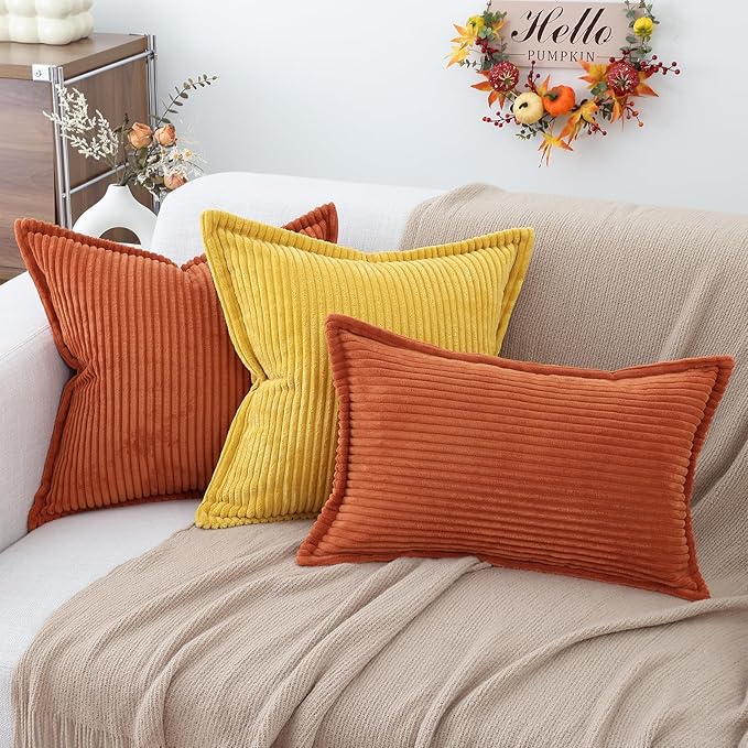 Mecatny Corduroy Fall Throw Pillow Covers 22x22 Set of 2, Neutral Decorative Soft Burnt Orange Boho Couch Pillow Covers with Broadside for Sofa Living Room, Rust