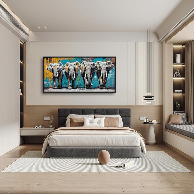 Olivine Elephant Large Wall Art, Banksy Wildlife Pictures Wall Decor, Graffiti Elephant Painting, Teal Canvas Prints, Framed Artwork for Dining Room Living Room Bedroom Bathroom Office Home 60"x30"