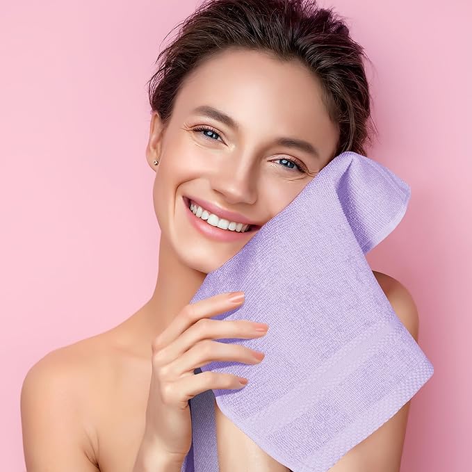 GLAMBURG Ultra Soft 12-Piece Washcloths Set 13x13-100% Ringspun Cotton - Durable & Highly Absorbent Face Towels - Ideal for use in Bathroom, Kitchen, Gym, Spa & General Cleaning - Purple