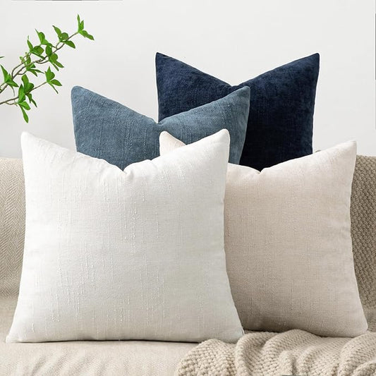 Set of 4 Soft Textured Decorative Throw Pillow Covers 16x16 Inch Cozy Farmhouse Cushion Cover Square Accent Pillow Cases for Bed Couch Sofa Living Room, Beige White Blue
