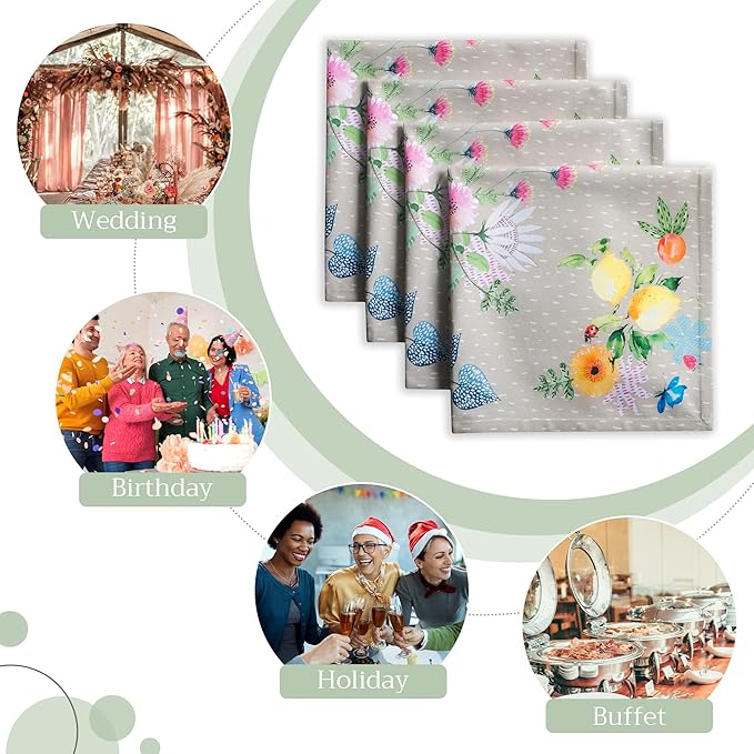 Maison d' Hermine Cloth Napkins Set of 4 100% Cotton Everyday Reusable Square Napkins Cloth Washable, Dinner, Party, Wedding, Restaurant, Spring/Summer (Jardin D'Ete - Fog, 20" x 20")