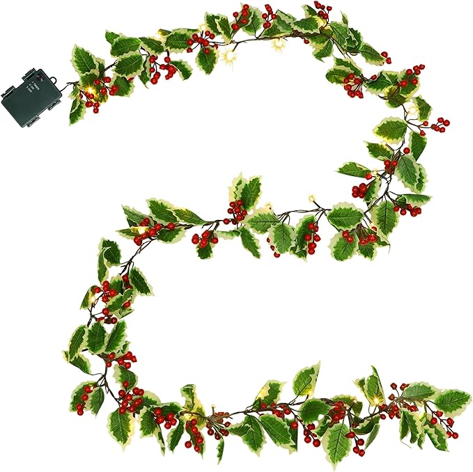 Juegoal Christmas Garland, 9FT Pre-lit Red Berries & Holly Leaves Garlands, Artificial Lighted Berry Garland Battery Operated with Timer, Indoor Outdoor Xmas Fireplace Gate Home Winter New Year Decor