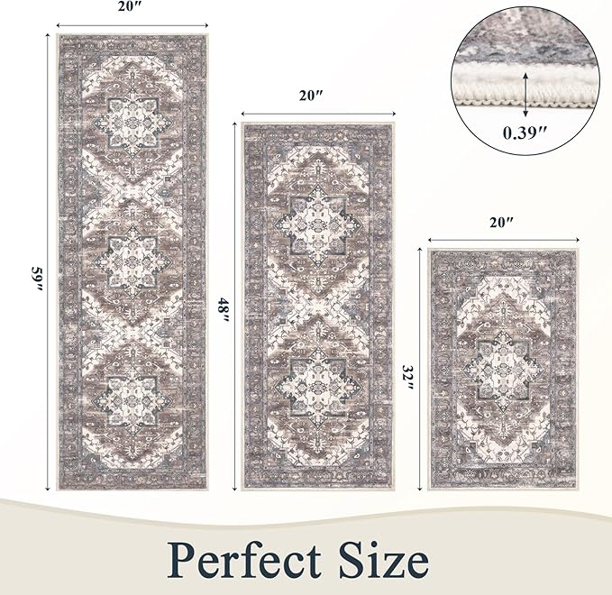 Pauwer Kitchen Mats for Floor 3 Piece Set Boho Non Slip Kitchen Rugs Washable Farmhouse Kitchen Floor Mats Thick Long Kitchen Throw Area Rug Carpet Runner for Hallway Laundry Bathroom, Grey Brown