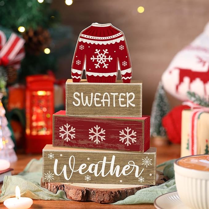 4 Pcs Christmas Table Decor Wooden Sweater Decoration Christmas Table Centerpiece Winter Tiered Tray Decor Decorative Sweater Block Signs Gift Farmhouse Xmas Decoration for Home Kitchen
