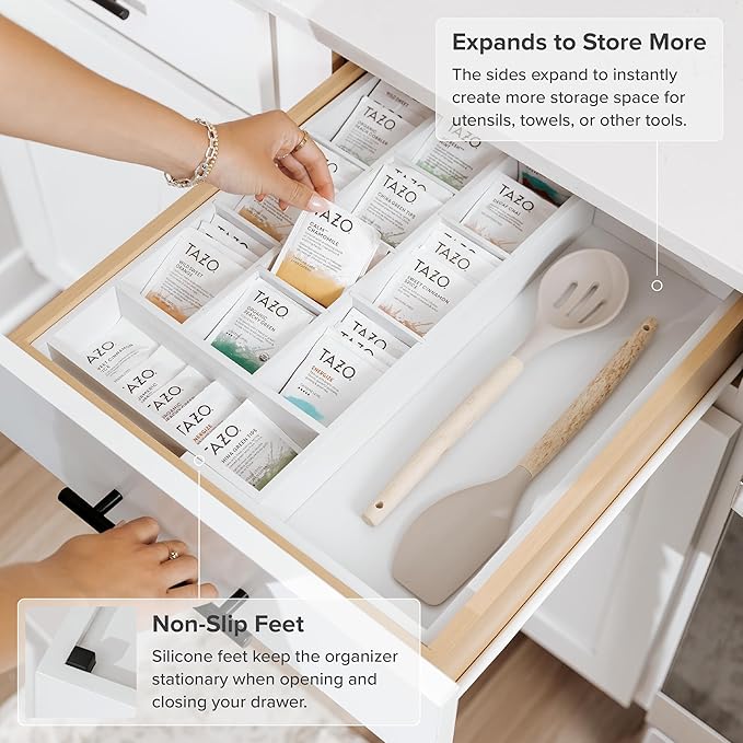 Tea Bag and Coffee Pod Kitchen Drawer Organizer, Expandable 9.7 to 17 Inches, 10 Storage Compartments, Adjustable Wall Inserts, Non-Slip Feet, Food-Safe White Finish, 100% Bamboo Wood