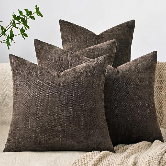 Set of 4 Soft Textured Decorative Throw Pillow Covers 16x16 Inch Cozy Farmhouse Cushion Cover Square Accent Pillow Cases for Bed Couch Sofa Living Room, Dark Brown