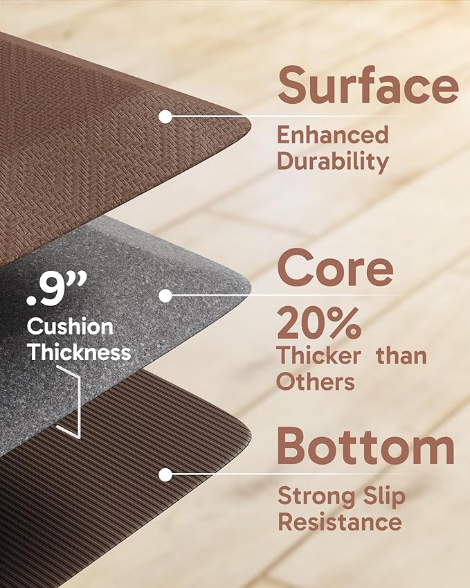 Ophanie Kitchen Mats for Floor, 9/10 Inch Thick Kitchen Rugs, 20x32 Anti Fatigue Standing Cushioned Mat, Waterproof,Comfort Ergonomic Mat for Office, Home, Sink, Brown Non-Slip Bottom