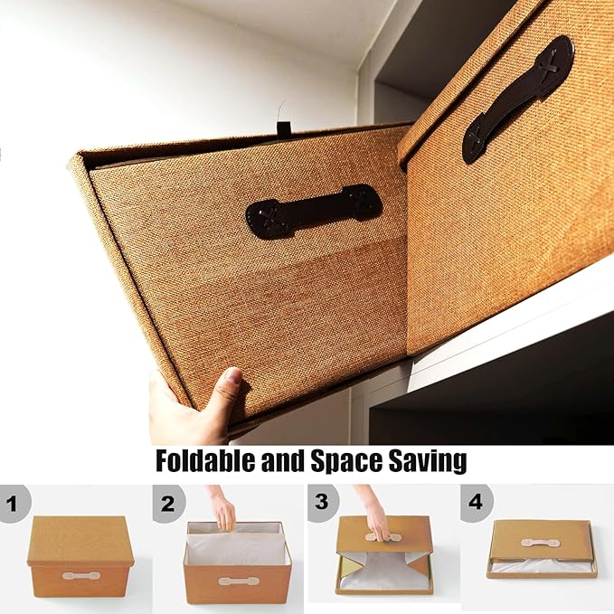 Enzk&Unity Decorative Storage Bins with Lids, Fabric Linen Foldable Storage Box with Handle Home Organizer for Shelf, Closet, Bedroom, Living Room, Office, 3 Packs, Brown