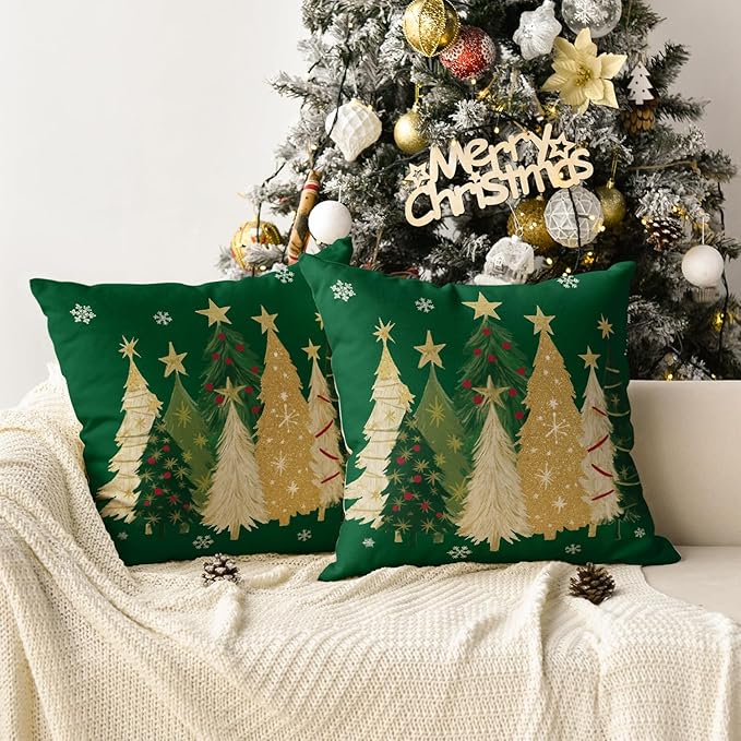 AVOIN colorlife Christmas Trees Star Green Throw Pillow Covers Set of 2, 18 x 18 Inch Snowflake Seasonal Winter Holiday Cushion Case Decoration for Sofa Couch