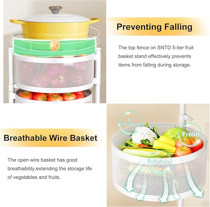 SNTD Fruit and Vegetable Basket Bowls for Kitchen with Metal Top Lid, 5 Tier Rotating Storage Rack Cart for Potato Onion Banana, Wire Basket Organizer on Wheels, Large (White)