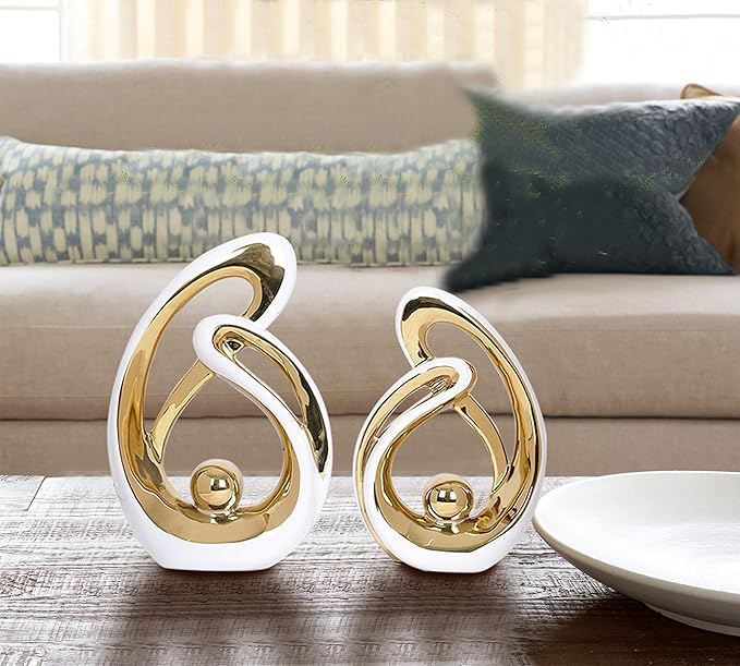 2 Pcs White and Gold Decor Ceramic Decor Statue Centerpieces Table Sculpture Decoration Figurine Art Mid Century Modern Decor for Dining Room Living Room Bedroom Shelf Office Coffee Table Decorative
