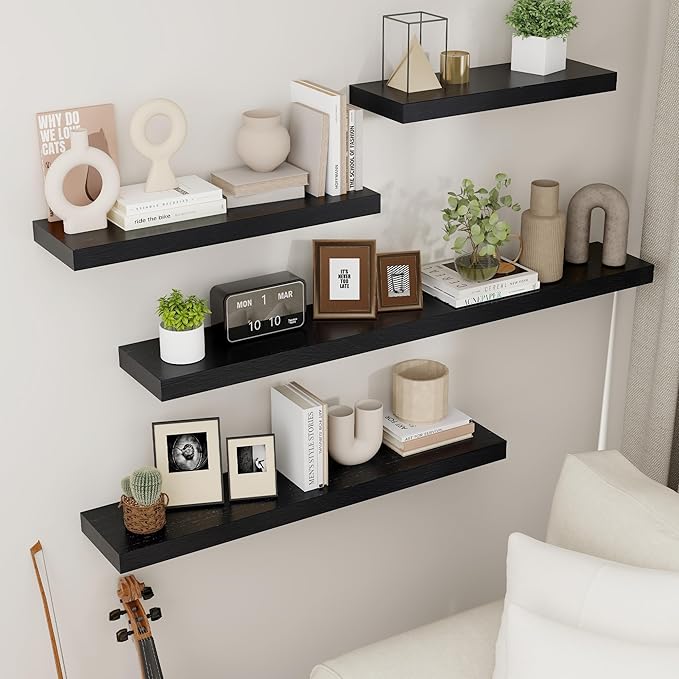 Black Floating Shelves for Wall, Wooden Shelves for Wall Set of 3, Modern Black Shelves for Bedroom Living Room Bathroom Kitchen, Shelves for Wall Decor Storage - Black