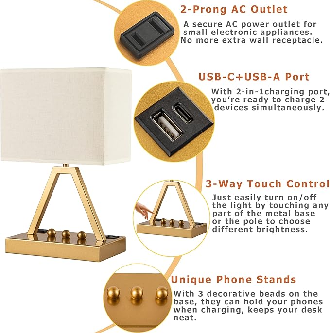 Briever Touch Control Table Lamp, 3-Way Dimmable Desk Lamp with USB C & USB A and AC Outlet, Bedside Lamp with Phone Stand and Fabric Shade for Bedroom, Living Room,Bulb Included, Gold