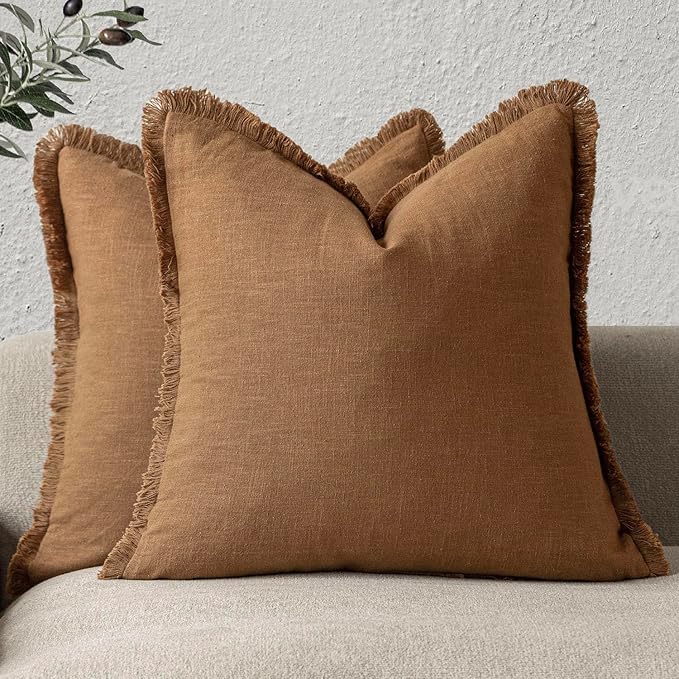 Foindtower Set of 2 Decorative Linen Fringe Throw Pillow Covers Cozy Boho Farmhouse Cushion Cover with Tassels Soft Accent Pillowcase for Couch Sofa Bed Living Room Home Decor,16×16 Inch,Orange Brown