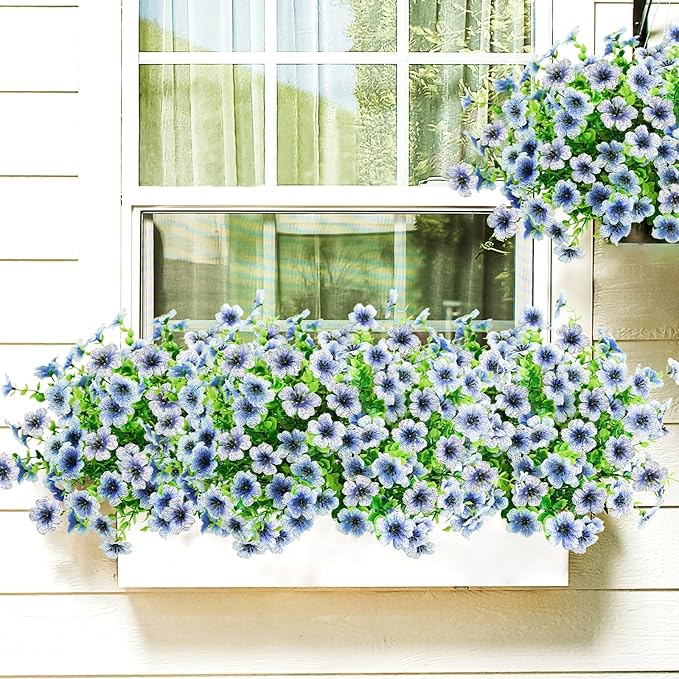 Agusbagli 10 Bundles Artificial Flowers Outdoor UV Resistant Fake Flowers No Fade Faux Plastic Greenery Shrub Plants for Wedding Home Garden Window Box Fireplace Thanksgiving Christmas Decor, Blue