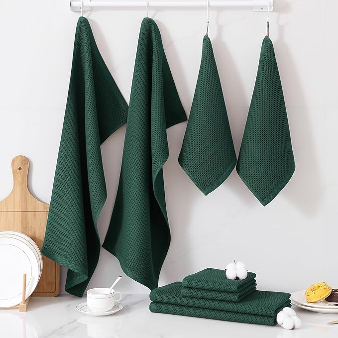 Homaxy 100% Cotton Kitchen Towels and Dishcloths Set, 12 x 12 Inches and 13 x 28 Inches, Set of 12 Bulk Kitchen Towels Set, Ultra Soft Absorbent Dish Cloths for Washing Dishes, Blackish Green