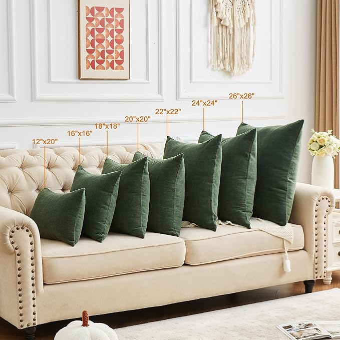 GAWAMAY Decorative Square Throw Pillow Covers 22"x22" Inch Set of 2, Super Soft Chenille Pillows Farmhouse Pillowcase for Living Room Bedroom Sofa Couch Cushion Cover Dark Green 55x55cm (No Insert)