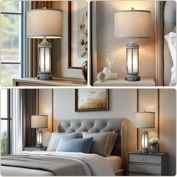 Rustic Table Lamp for Bedroom Living Room with 2 USB Ports, Farmhouse Vintage Nightstand Lamp 25'' with Light Green Glass Nightlight, Antique Retro Desk Lamp for Entryway, 2 Bulbs Included