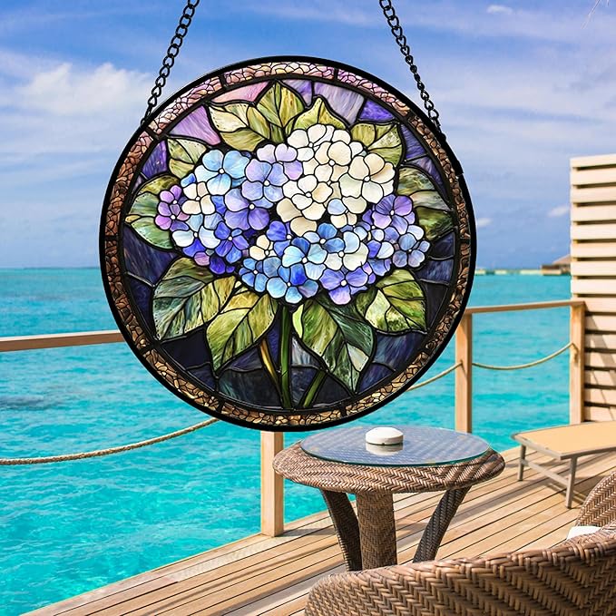 Stained Glass Window Hanging, Hydrangea Flowers Sun Catchers Diamond Glass Panel Hangings Plant Suncatcher Decor for Birthday for Women, Men, Wife, Aunt, and Mom 14.9x14.9 in