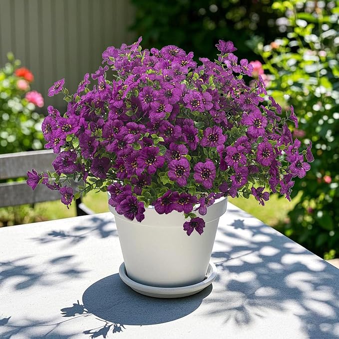 Artificial Fake Flowers for Outdoor Spring Decoration, 16 Bundles Faux Silk Colorful UV Resistant Realistic for Outside Porch Patio Home Yard Garden Planters Pots Window Box (Light Purple)