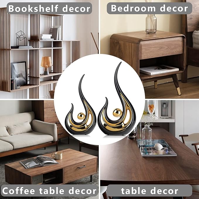 LCCCK Black Gold Abstract Figurine Statues for Home Decor – Modern Ceramic Sculpture Accent, Decorative Statues for Living Room, Shelf, TV Stand, Office or Coffee Table Centerpiece Art Decoration