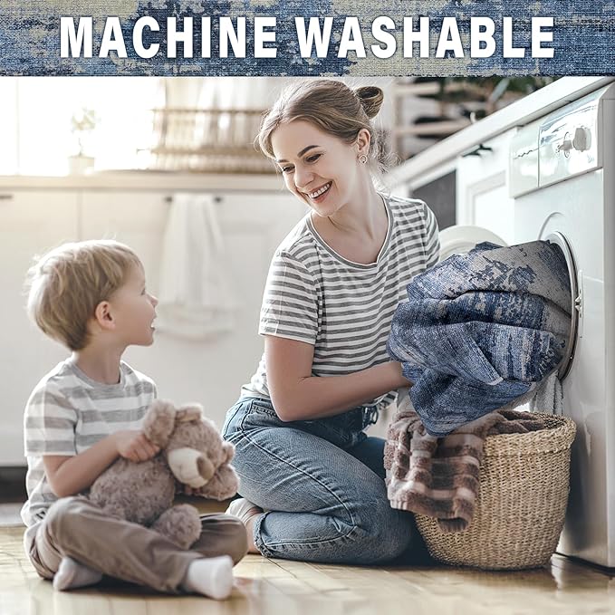 Machine Washable Area Rugs 2x3: Small Entryway Rug with Non Slip Backing Non Shedding Stain Resistant Abstract Carpet for Living Room Bedroom Kitchen Laundry Under Dining Table - Beige/Blue